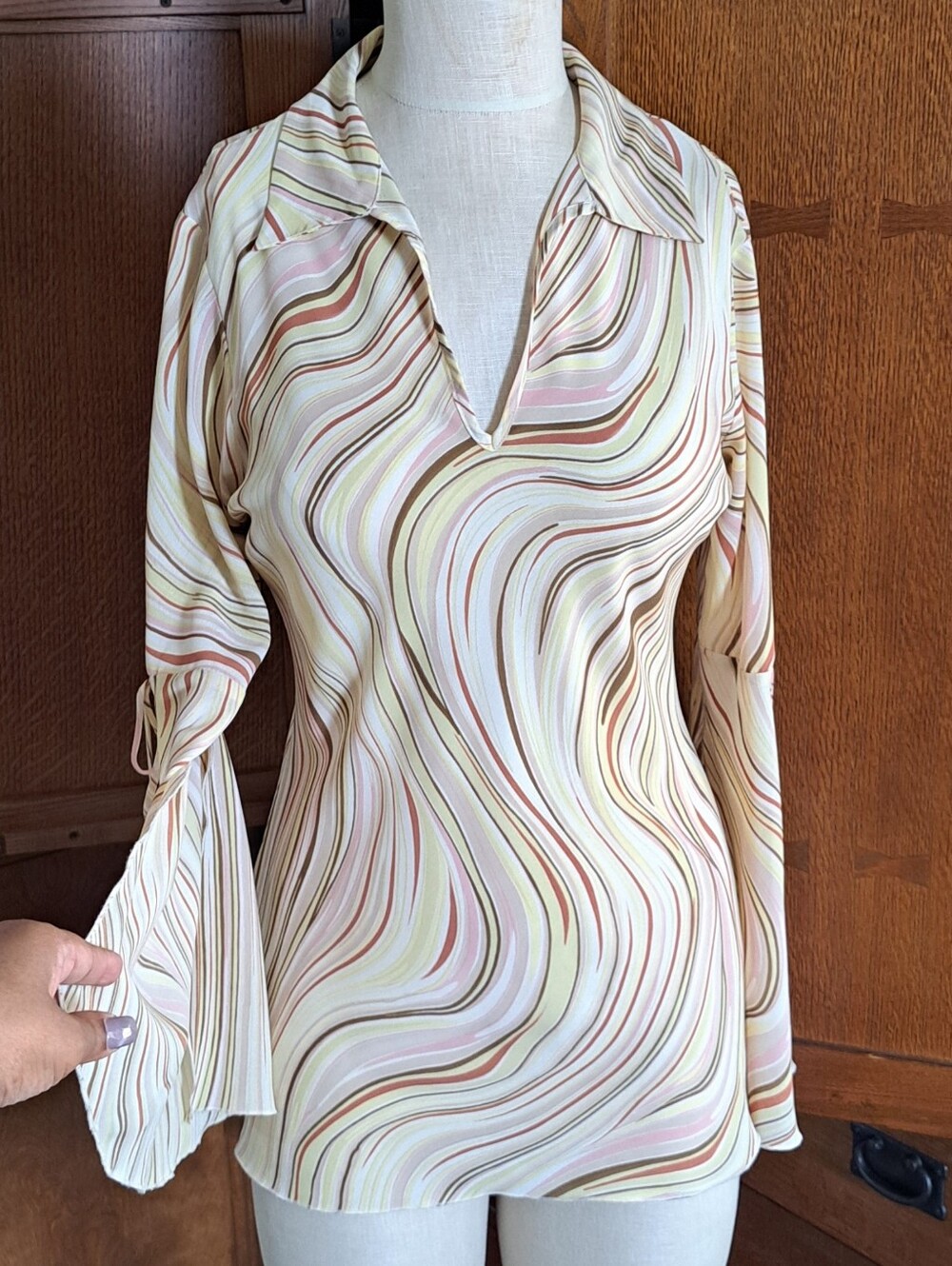 Vintage 90s Y2K Caviar Sheer Mesh Tunic Top – Swirl Print Split Bell Sleeve P8